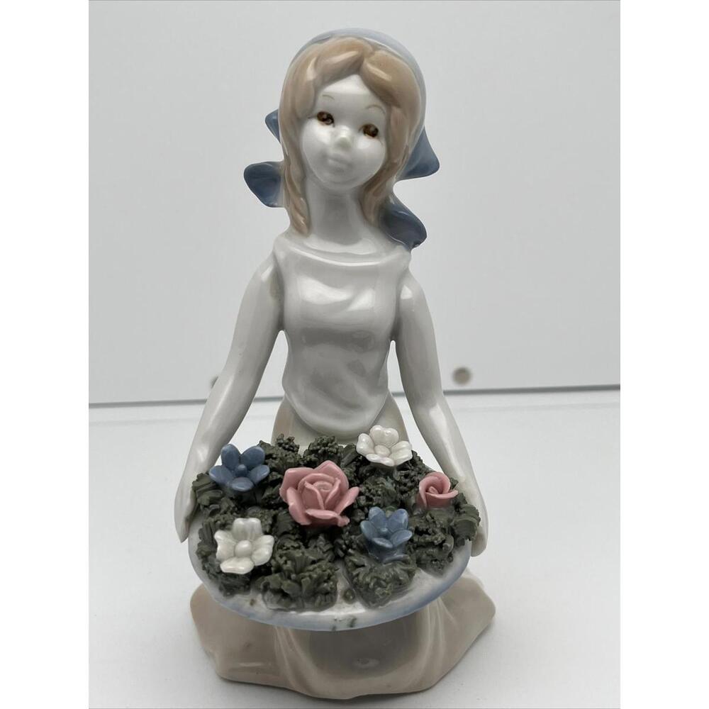Vintage Seymour Mann Peasant Lady Kneeling With Flowers Blue Scarf Figurine 6”